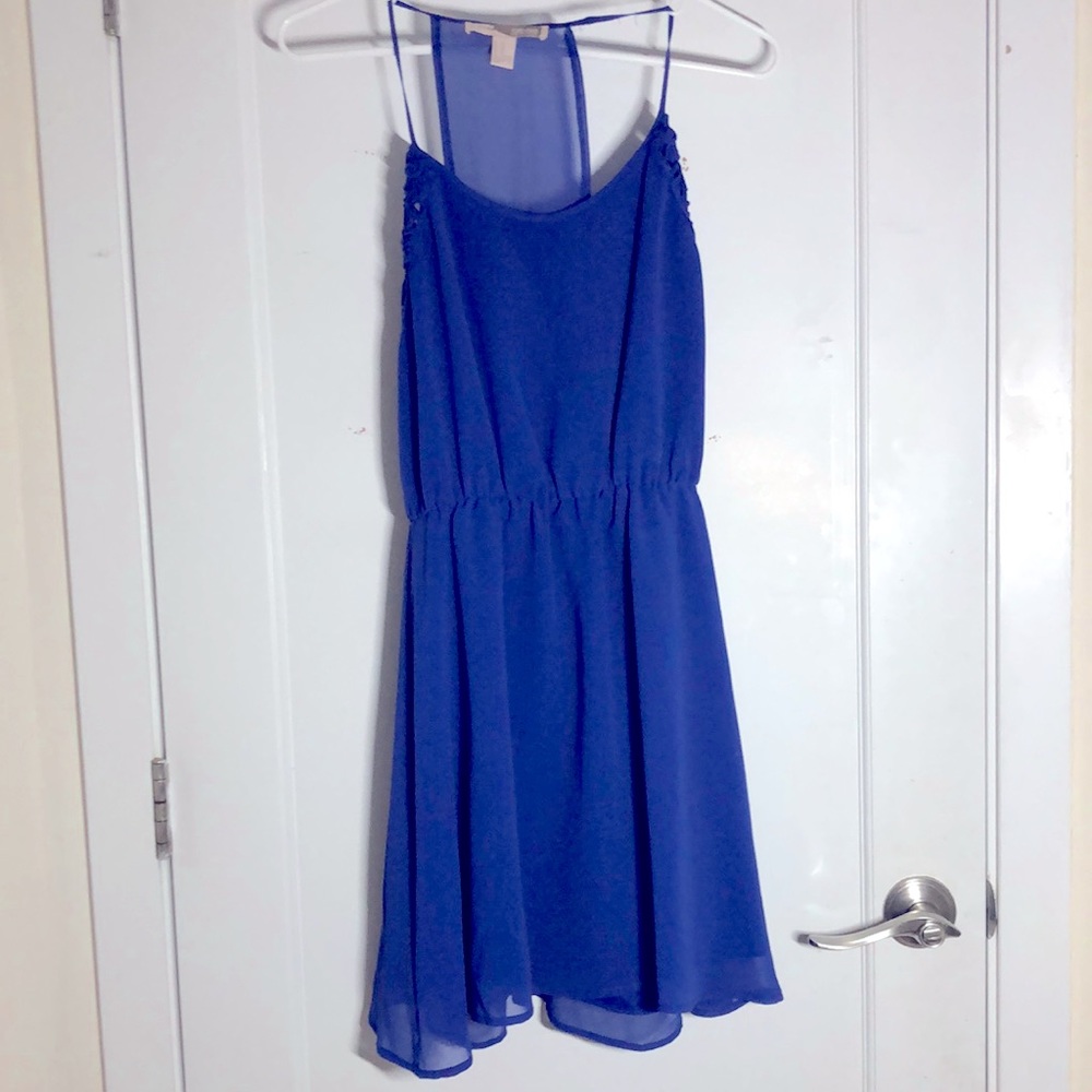cobalt blue forever 21 cami dress with mesh back and side flower detailing